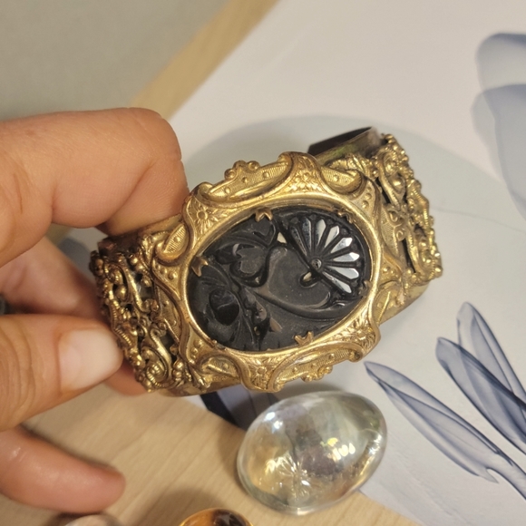 Vintage Jewelry - Victorian Revival Cira 1930s Brass Filagree Detail Carved Black Jet